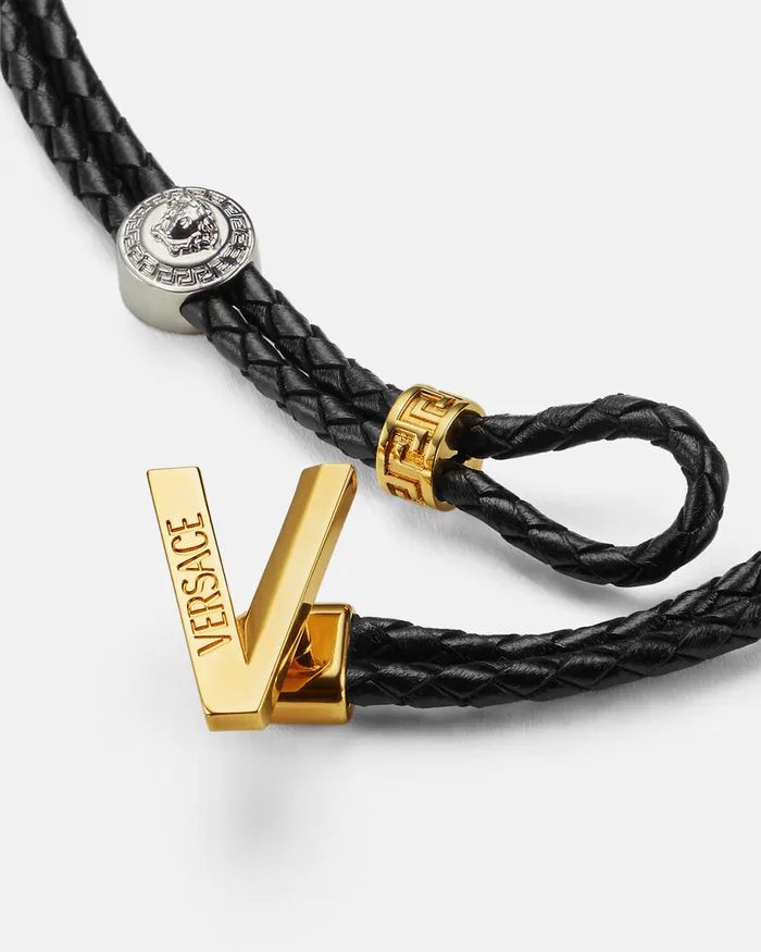Versace V2025 Chain Leather Necklace Blackgold WomenMen Necklaces