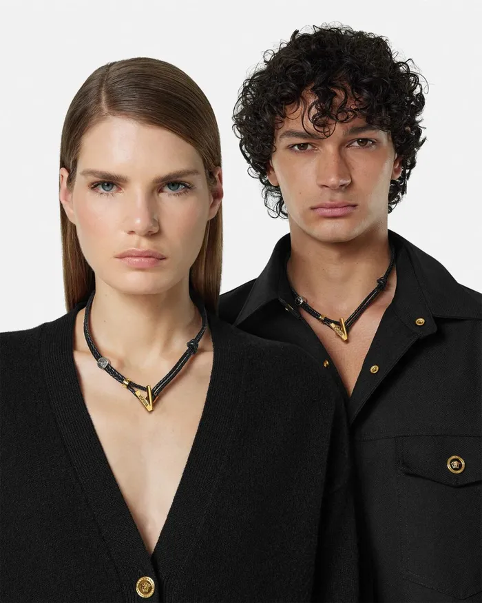 Versace V2025 Chain Leather Necklace Blackgold WomenMen Necklaces