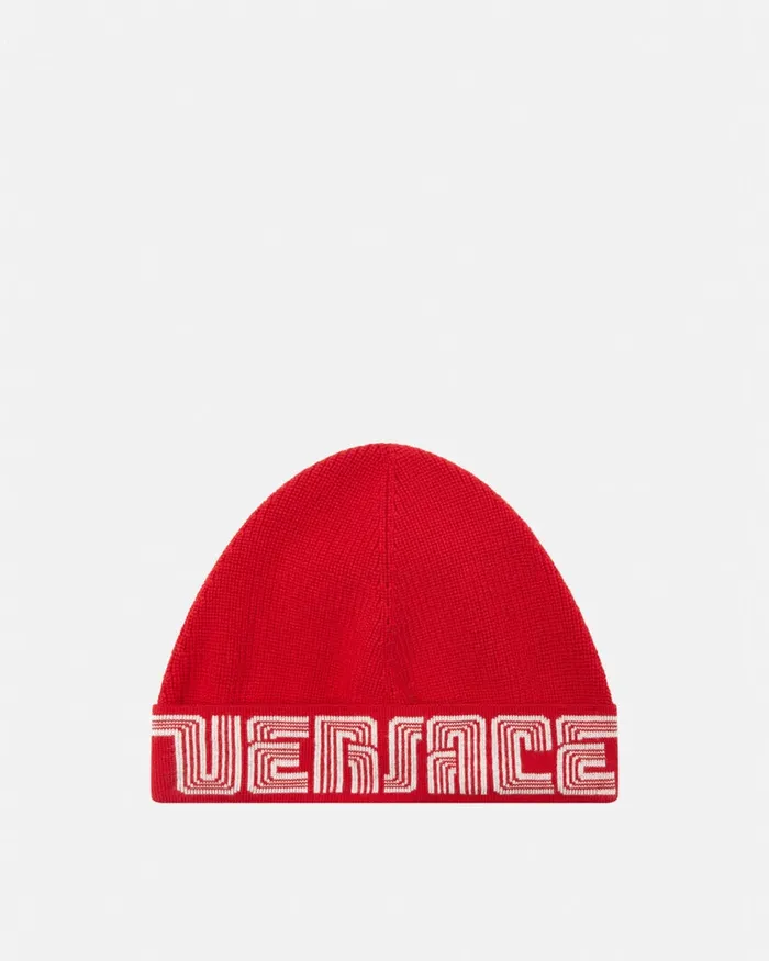 Versace Volcanico Logo Knit Beanie Red Kids Bags and Accessories