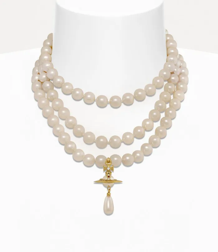 Vivienne Westwood Necklaces Women Three Row Pearl Drop Choker Gold