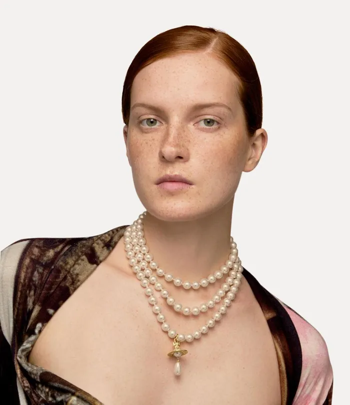 Vivienne Westwood Necklaces Women Three Row Pearl Drop Choker Gold
