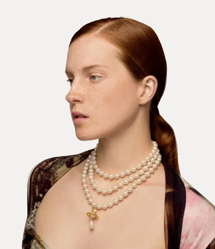 Vivienne Westwood Necklaces Women Three Row Pearl Drop Choker Gold