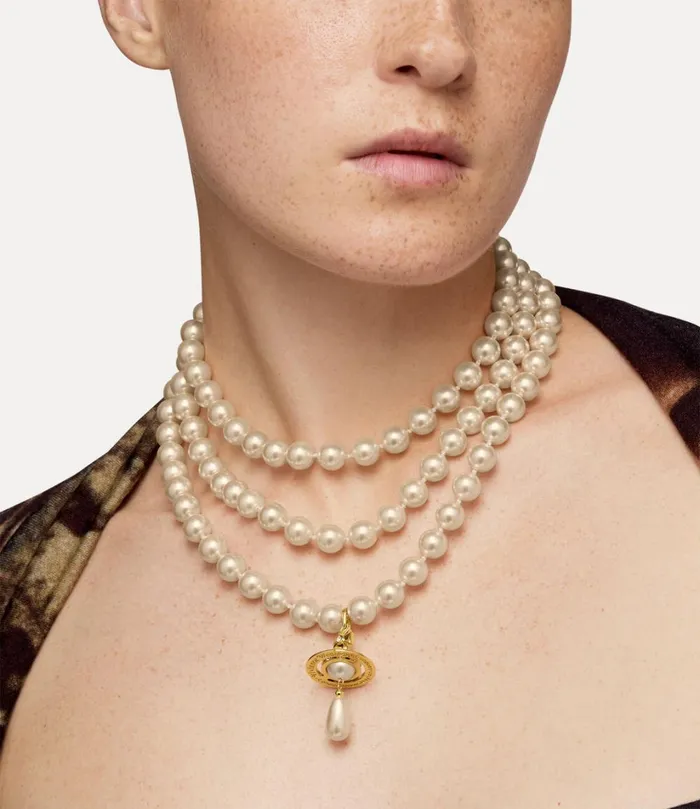 Vivienne Westwood Necklaces Women Three Row Pearl Drop Choker Gold