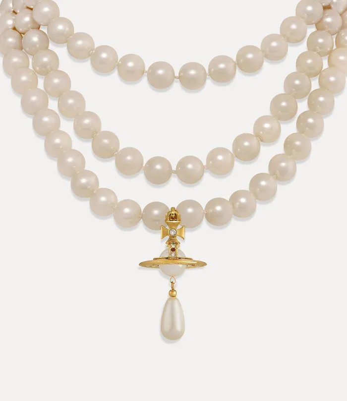 Vivienne Westwood Necklaces Women Three Row Pearl Drop Choker Gold