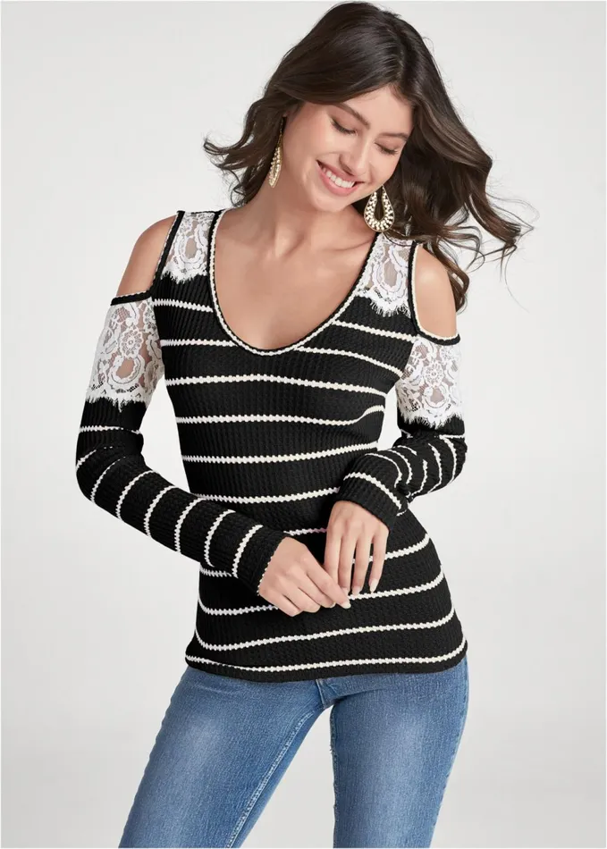 WAFFLE KNIT LACE TOP Black and White Women VENUS Long Sleeve Tops