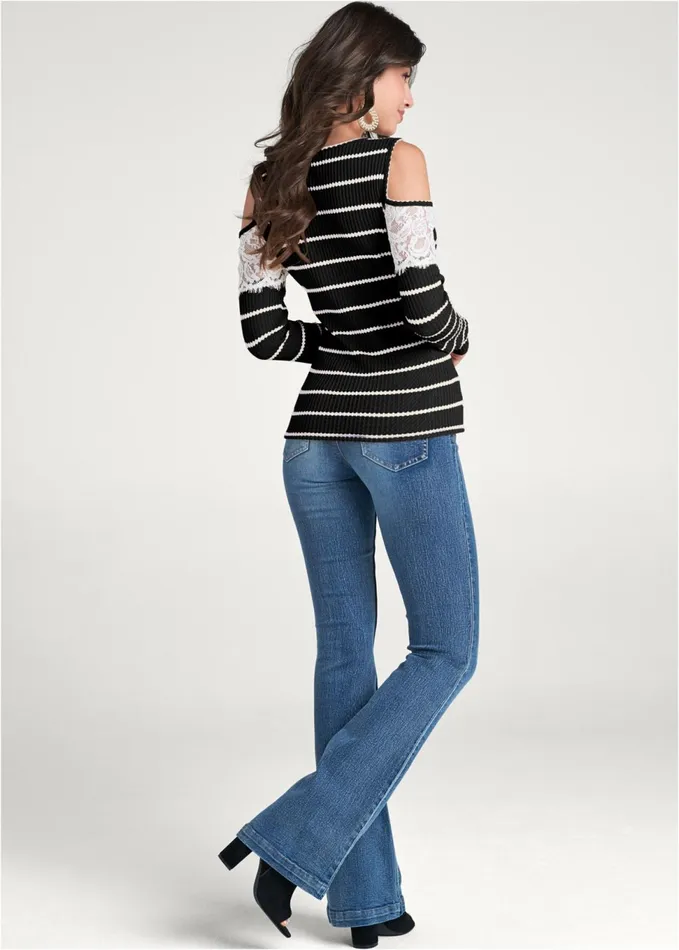 WAFFLE KNIT LACE TOP Black and White Women VENUS Long Sleeve Tops