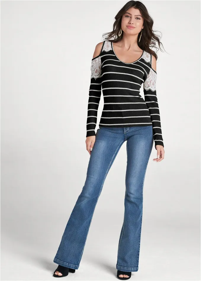 WAFFLE KNIT LACE TOP Black and White Women VENUS Long Sleeve Tops