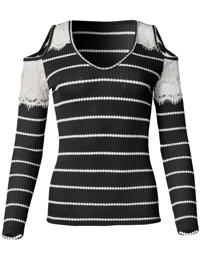 WAFFLE KNIT LACE TOP Black and White Women VENUS Long Sleeve Tops