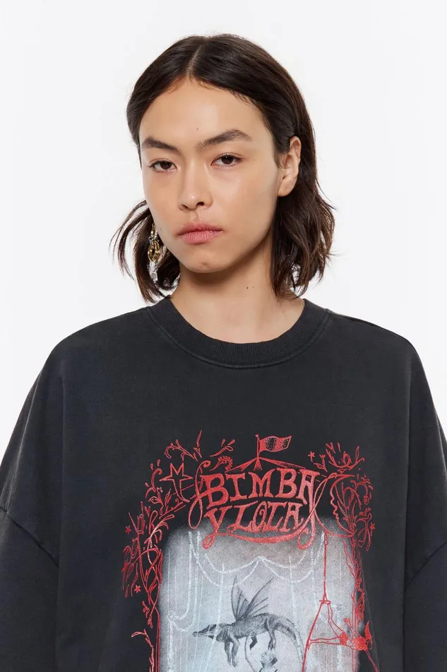 Washed Black Cotton Oversize Sweatshirt Washed Black Women Bimba Y Lola Knitwear Washed Black Cotton Oversize Sweatshirt Washed Black Women Bimba Y Lola Knitwear