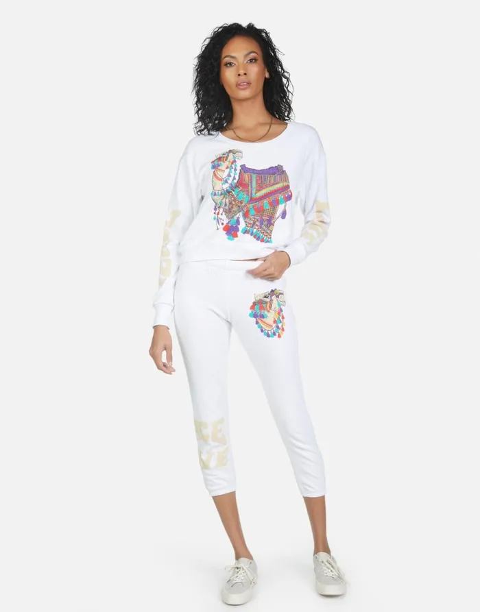 Women039s Alana Peace Love Camel White Lauren Moshi Crop Sweatpants