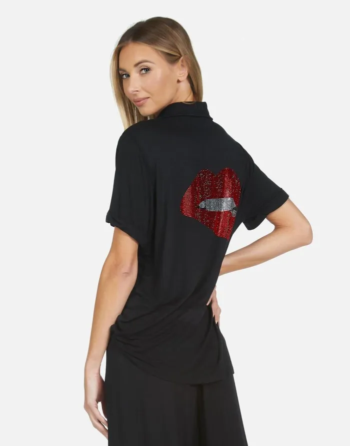 Women039s Waverly X Crystal Biting Lip Black Lauren Moshi Short Sleeve