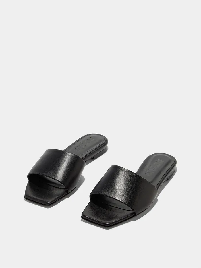 Women Aeyde ANNA Black Leather Flat Slide Aeyde Flat Sandals