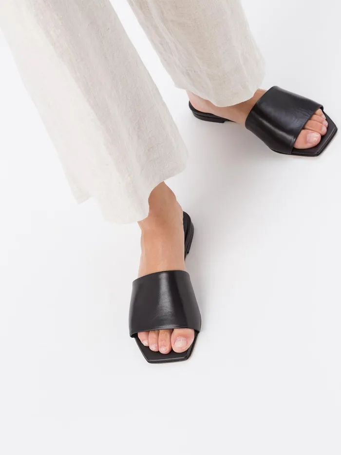 Women Aeyde ANNA Black Leather Flat Slide Aeyde Flat Sandals
