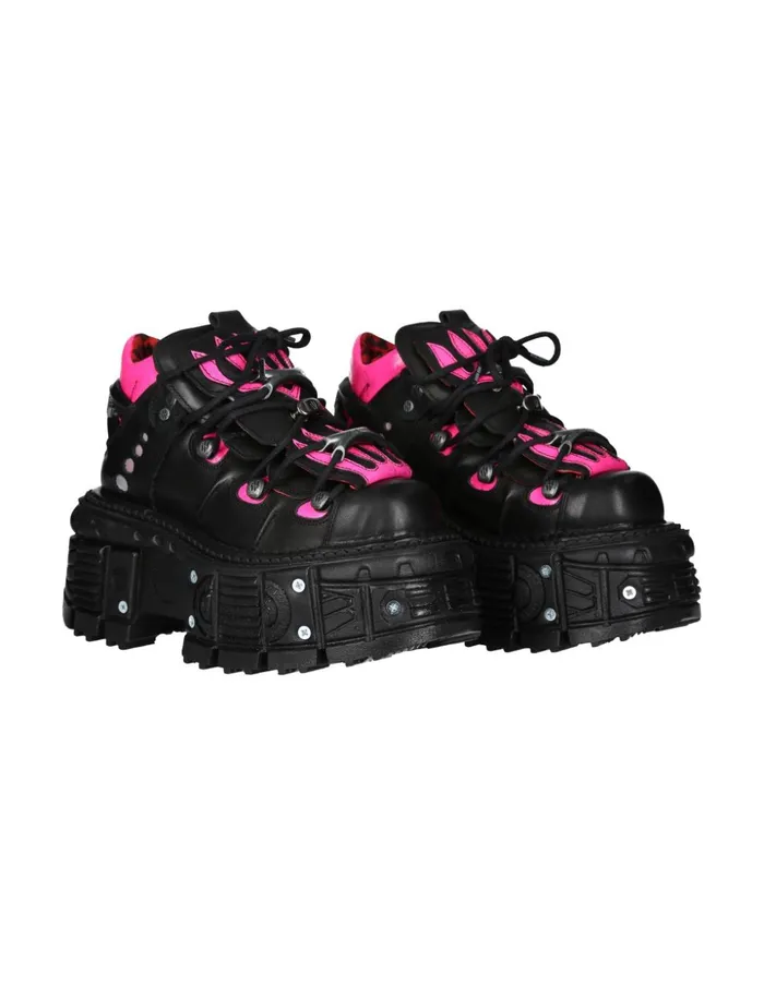 Women Ankle Boot Black Imperfect Tank With Laces MMet011C4 New Rock Platform
