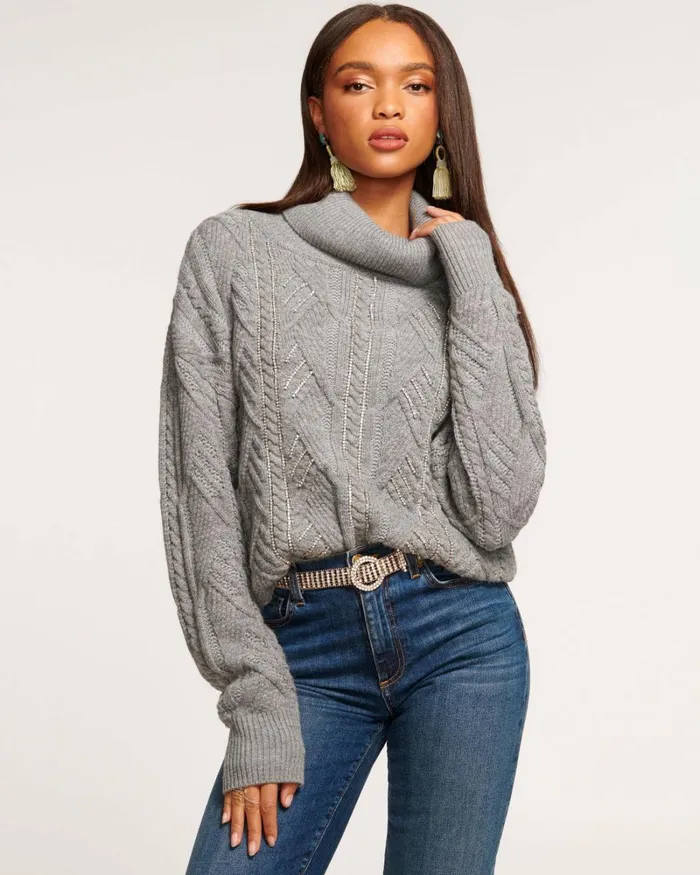 Women Annabelle Embellished Turtleneck Sweater Grey Bedazzled Ramy Brook Tops