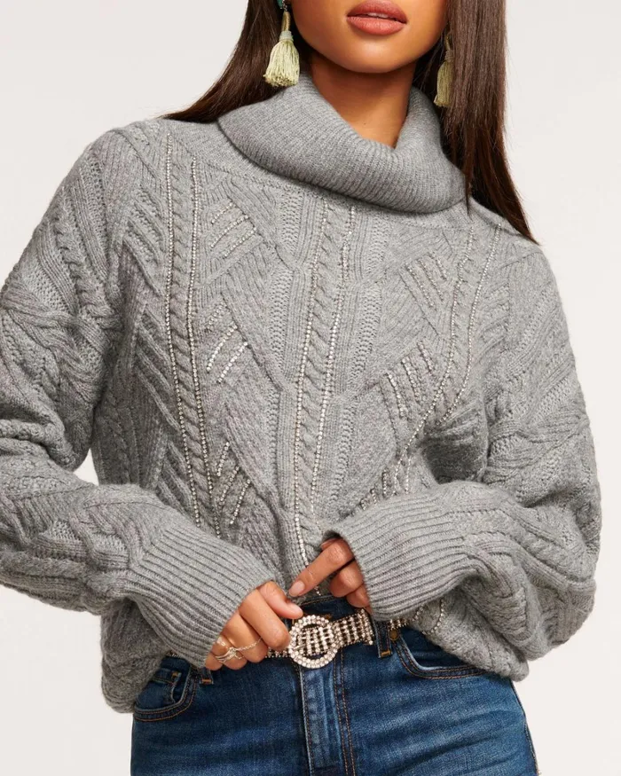 Women Annabelle Embellished Turtleneck Sweater Grey Bedazzled Ramy Brook Tops Women Annabelle Embellished Turtleneck Sweater Grey Bedazzled Ramy Brook Tops