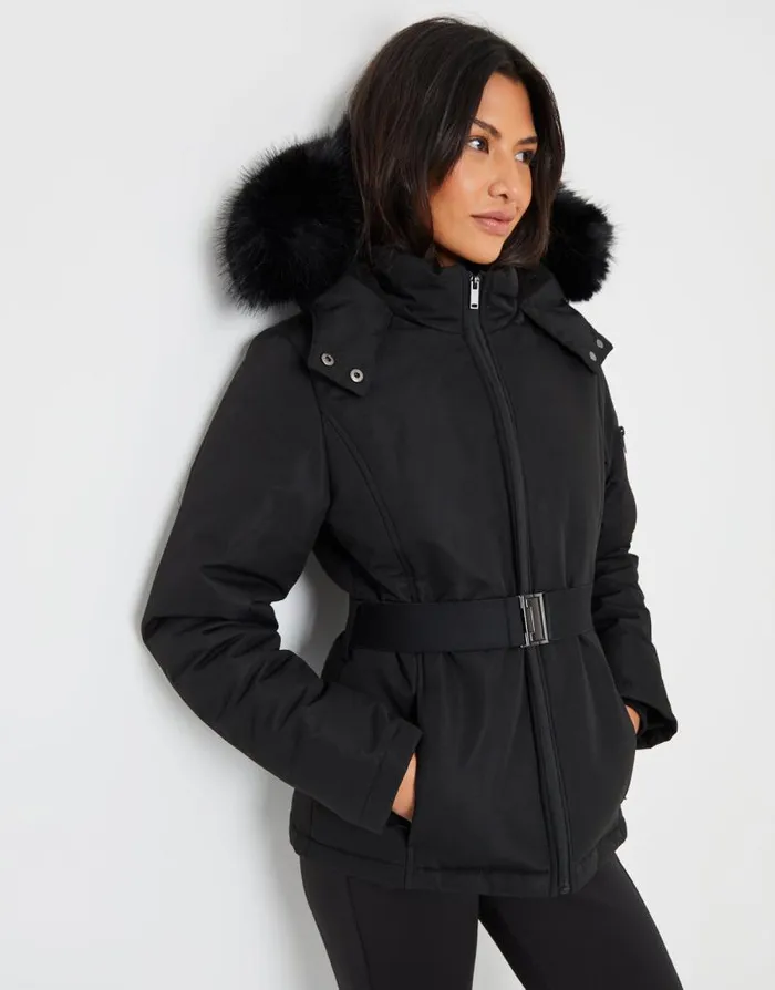 Women Black Belted Padded Ski Jacket Threadbare Coats