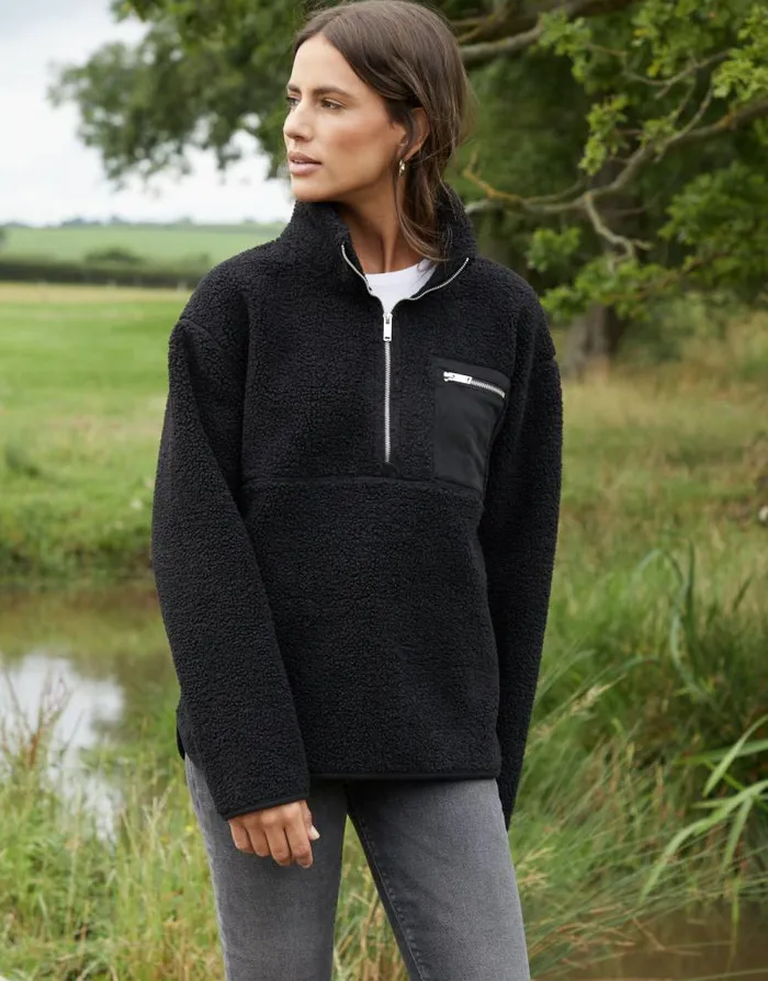 Women Black Half Zip Borg Fleece Threadbare Jackets
