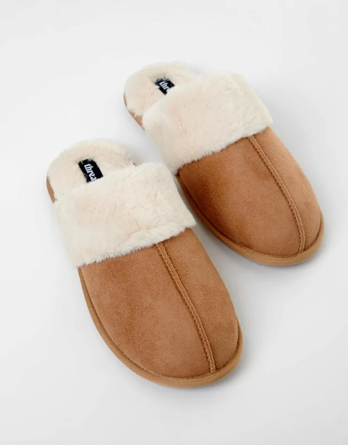 Women Brown Faux Suede Faux Fur Lined Mule Slippers Threadbare Slippers Women Brown Faux Suede Faux Fur Lined Mule Slippers Threadbare Slippers