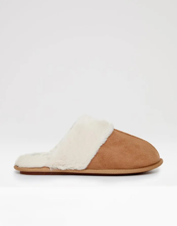 Women Brown Faux Suede Faux Fur Lined Mule Slippers Threadbare Slippers Women Brown Faux Suede Faux Fur Lined Mule Slippers Threadbare Slippers