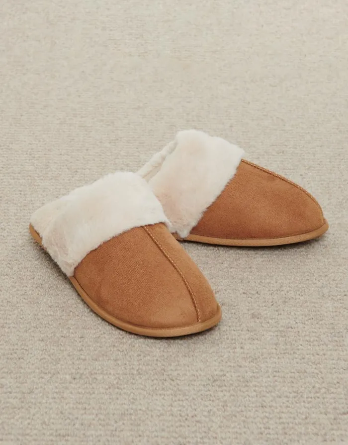 Women Brown Faux Suede Faux Fur Lined Mule Slippers Threadbare Slippers Women Brown Faux Suede Faux Fur Lined Mule Slippers Threadbare Slippers