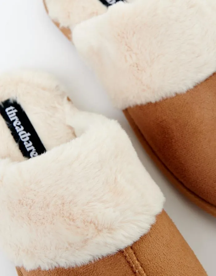 Women Brown Faux Suede Faux Fur Lined Mule Slippers Threadbare Slippers Women Brown Faux Suede Faux Fur Lined Mule Slippers Threadbare Slippers