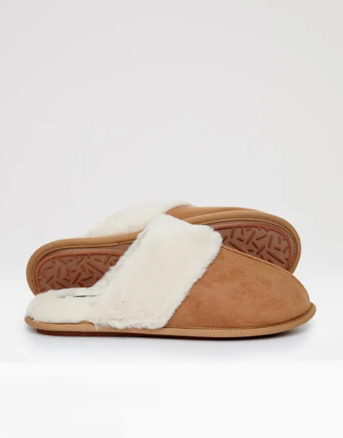 Women Brown Faux Suede Faux Fur Lined Mule Slippers Threadbare Slippers Women Brown Faux Suede Faux Fur Lined Mule Slippers Threadbare Slippers