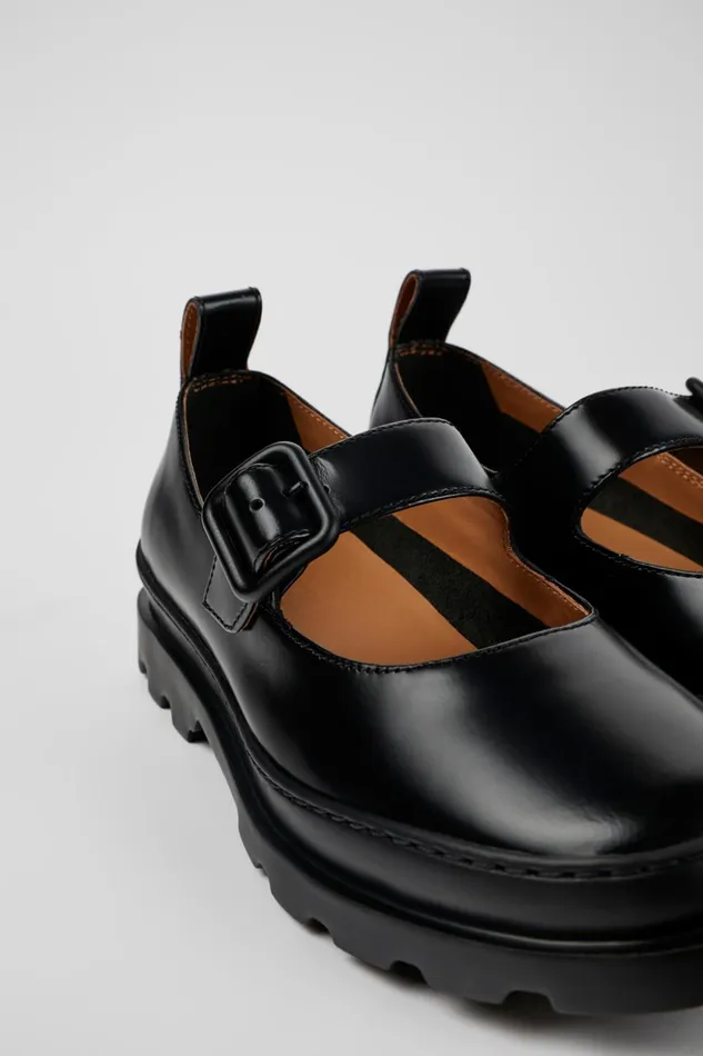 Women Brutus Black Leather Mary Jane Flats Camper Ballerinas