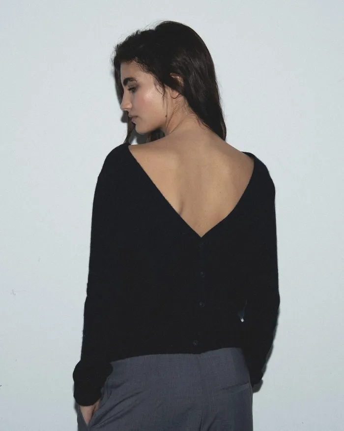 Women Cashmere Sweaters From Future Crewneck Backless Buttoned Sweater Navy