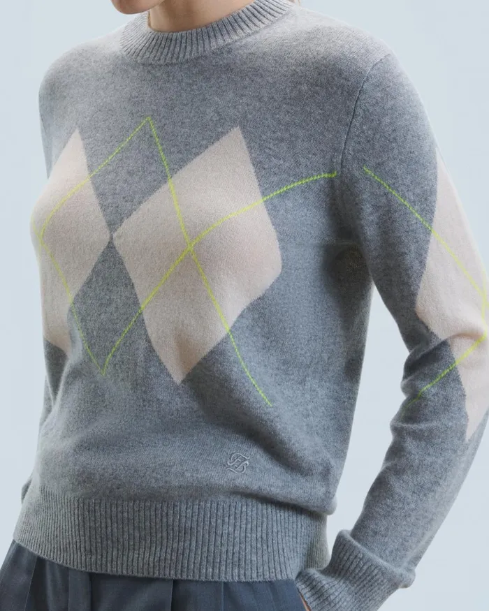 Women Cashmere Sweaters From Future Crewneck Diamond Pattern Sweater Dark Heather Gray