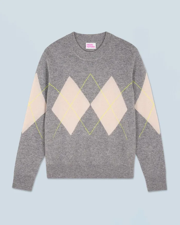 Women Cashmere Sweaters From Future Crewneck Diamond Pattern Sweater Dark Heather Gray