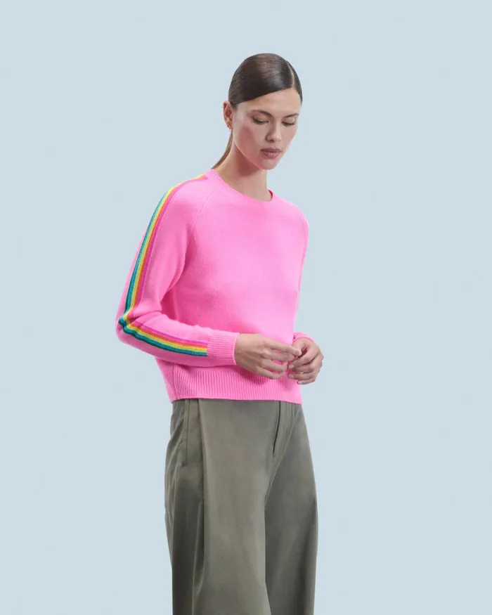 Women Cashmere Sweaters From Future Crewneck Sweater With MultiColored Bands Dreamy Pink
