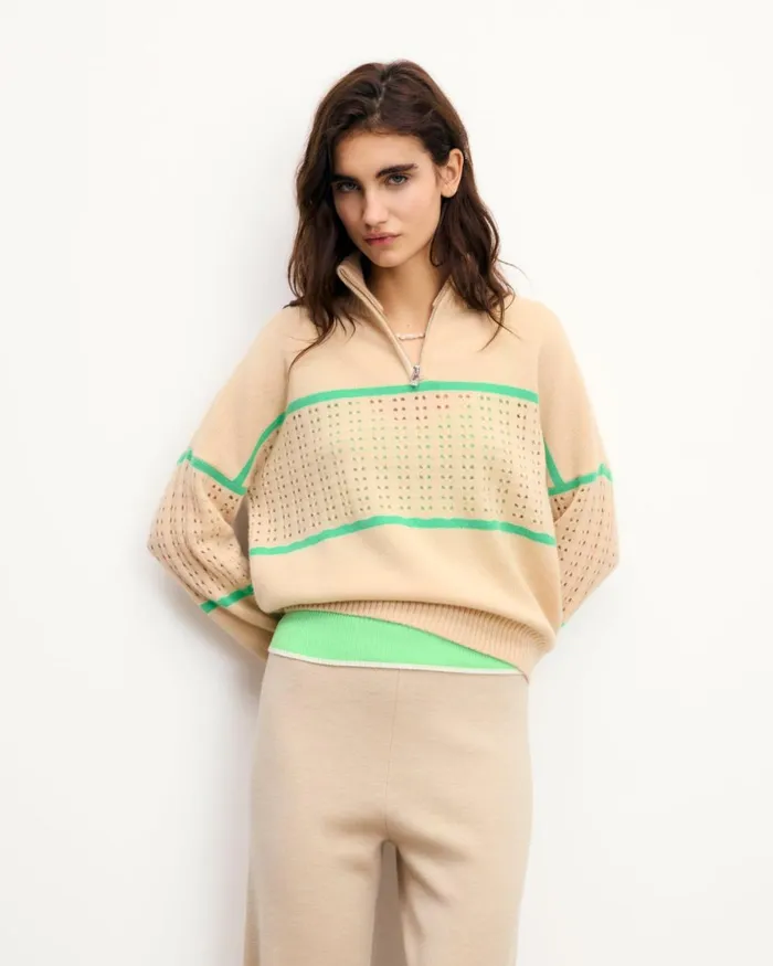 Women Cashmere Sweaters From Future Crochet Quarter Zip Neck Sweater Light Beige Women Cashmere Sweaters From Future Crochet Quarter Zip Neck Sweater Light Beige