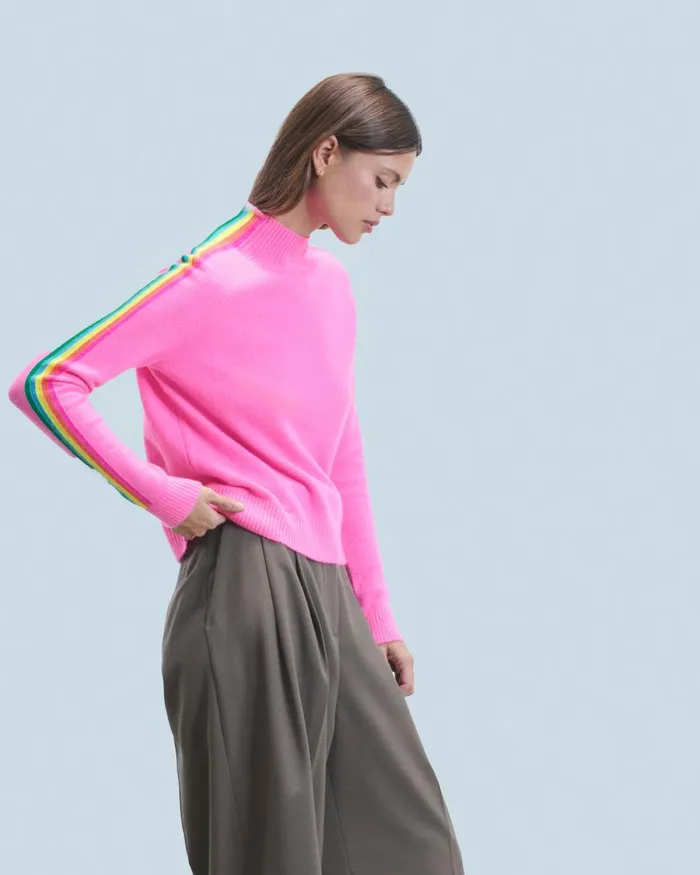 Women Cashmere Sweaters From Future Mock Neck Sweater With Multico Light Sleeve Bands Dreamy Pink Women Cashmere Sweaters From Future Mock Neck Sweater With Multico Light Sleeve Bands Dreamy Pink
