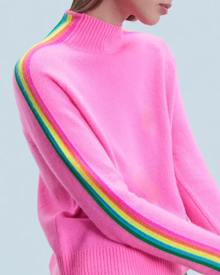 Women Cashmere Sweaters From Future Mock Neck Sweater With Multico Light Sleeve Bands Dreamy Pink