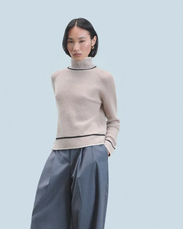 Women Cashmere Sweaters From Future Mock Neck Tricolor Sweater In Textured Knit Iced Sand Women Cashmere Sweaters From Future Mock Neck Tricolor Sweater In Textured Knit Iced Sand