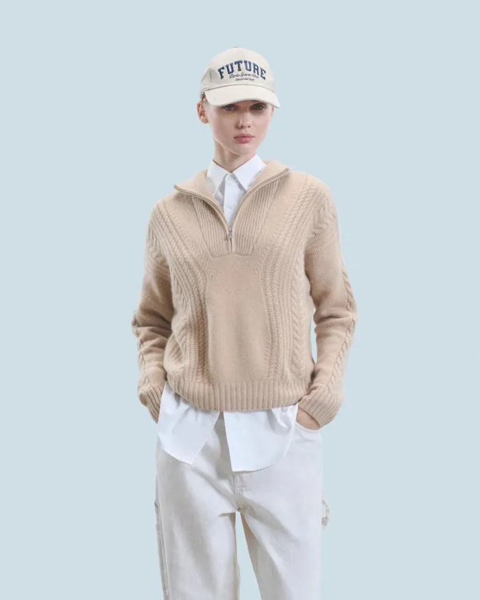 Women Cashmere Sweaters From Future Quarter Zip Neck Sweater With Twisted Details Beige Women Cashmere Sweaters From Future Quarter Zip Neck Sweater With Twisted Details Beige