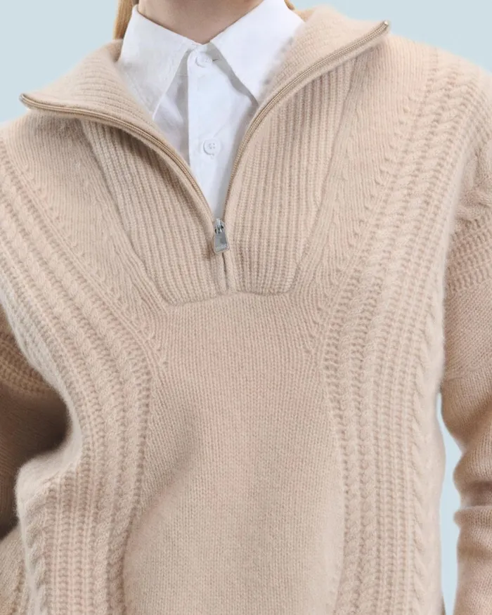 Women Cashmere Sweaters From Future Quarter Zip Neck Sweater With Twisted Details Beige