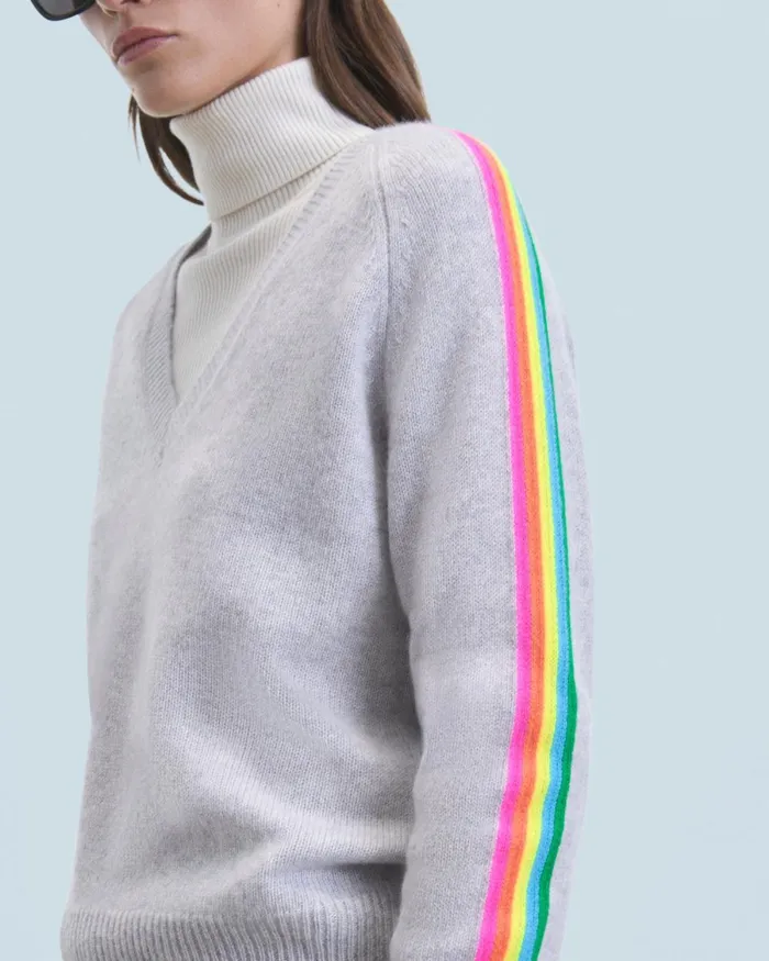 Women Cashmere Sweaters From Future VNeck Sweater With Multico Sleeves Light Heather Gray