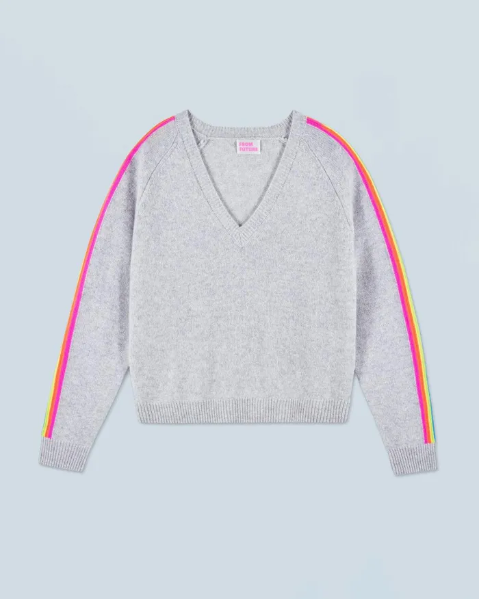 Women Cashmere Sweaters From Future VNeck Sweater With Multico Sleeves Light Heather Gray