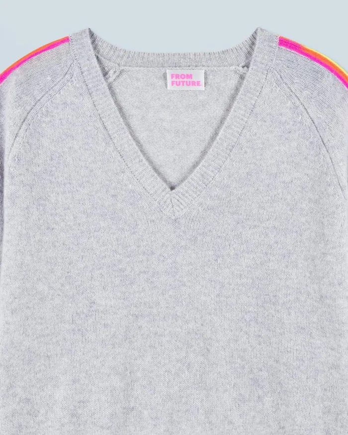 Women Cashmere Sweaters From Future VNeck Sweater With Multico Sleeves Light Heather Gray