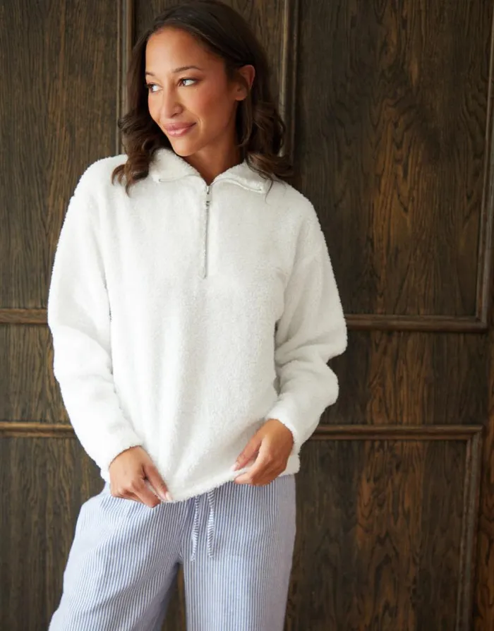 Women Cream and Blue Stripe Borg Loungewear Set 2Piece Set Threadbare Pyjamas
