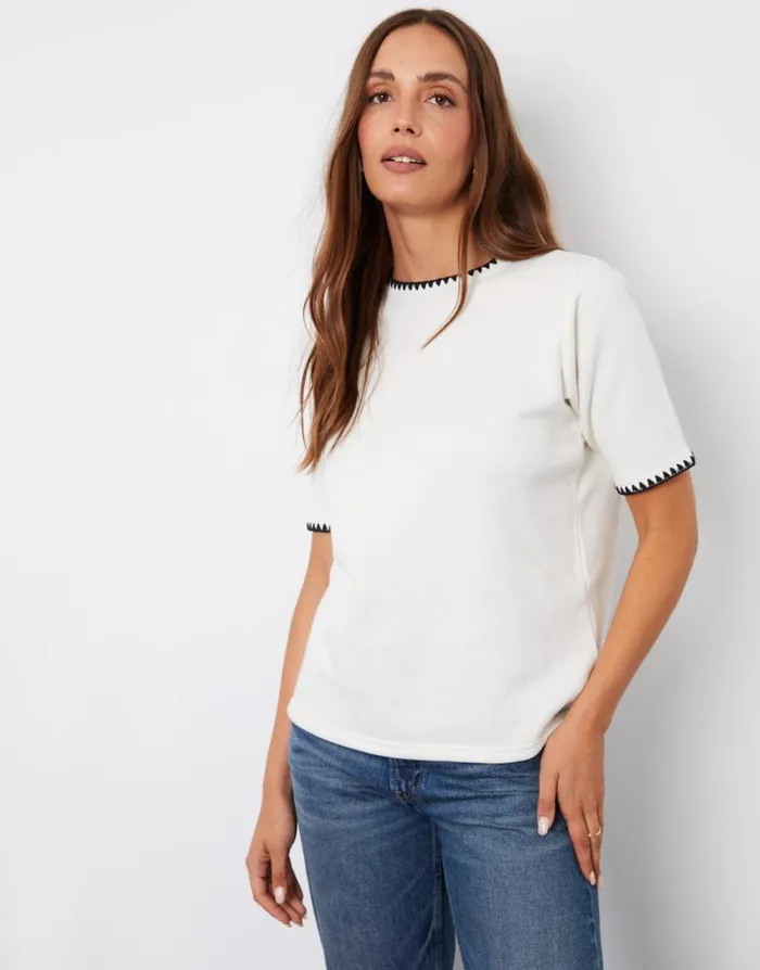 Women Cream Contrast Edge Stitch Short Sleeve Sweatshirt Threadbare Tops Women Cream Contrast Edge Stitch Short Sleeve Sweatshirt Threadbare Tops