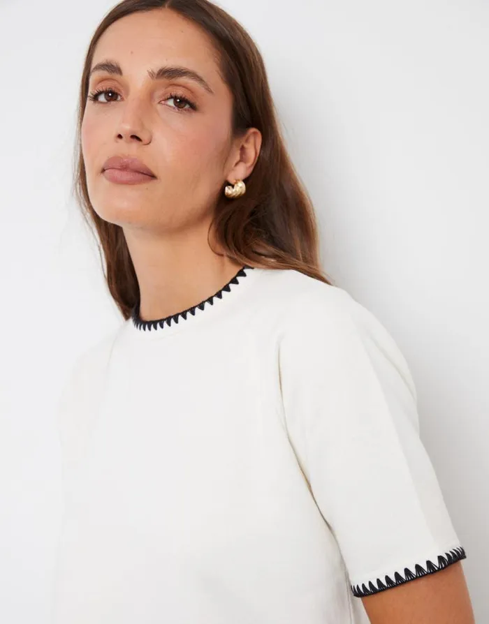 Women Cream Contrast Edge Stitch Short Sleeve Sweatshirt Threadbare Tops Women Cream Contrast Edge Stitch Short Sleeve Sweatshirt Threadbare Tops