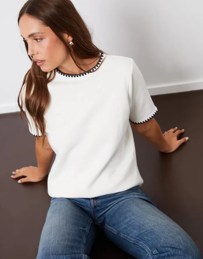 Women Cream Contrast Edge Stitch Short Sleeve Sweatshirt Threadbare Tops Women Cream Contrast Edge Stitch Short Sleeve Sweatshirt Threadbare Tops