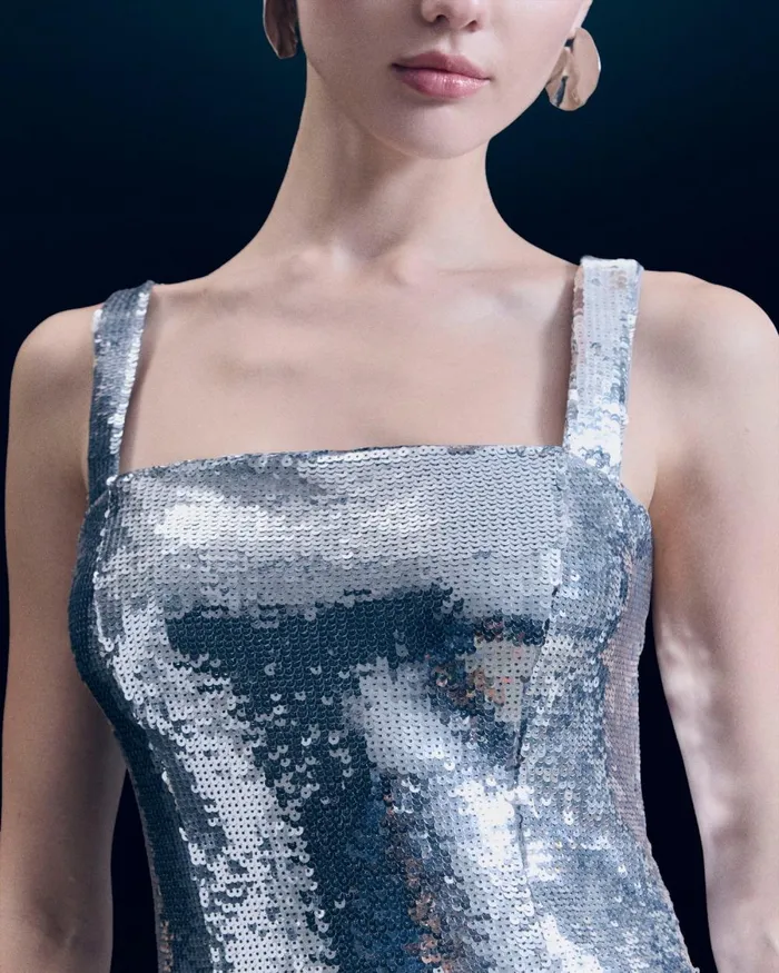 Women Dresses and Jumpsuits From Future Short Sequin Strap Dress Silver