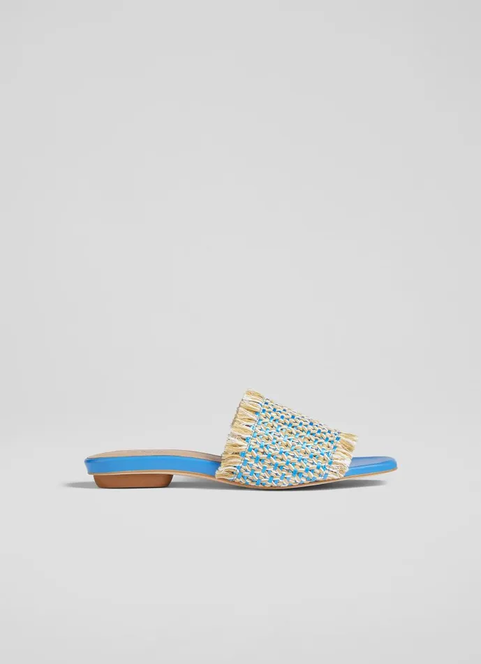 Women Flats LKBennett Meera Blue Raffia Flat Sandals Blue Cream