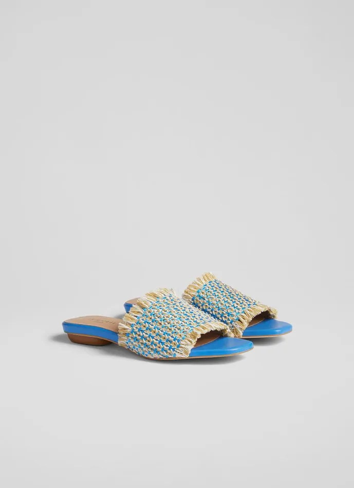 Women Flats LKBennett Meera Blue Raffia Flat Sandals Blue Cream Women Flats LKBennett Meera Blue Raffia Flat Sandals Blue Cream