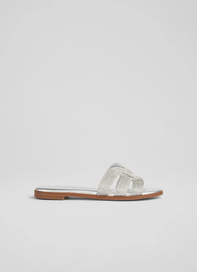 Women Flats LKBennett Riley Silver Metallic Raffia Flat Mules Silver