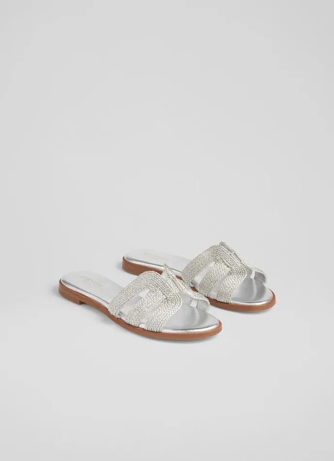 Women Flats LKBennett Riley Silver Metallic Raffia Flat Mules Silver Women Flats LKBennett Riley Silver Metallic Raffia Flat Mules Silver